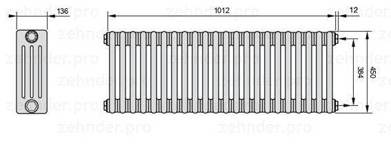 Схема (чертеж) Радиатор Zehnder Charleston 4045/22 №7610 Белый глянцевый RAL 9016